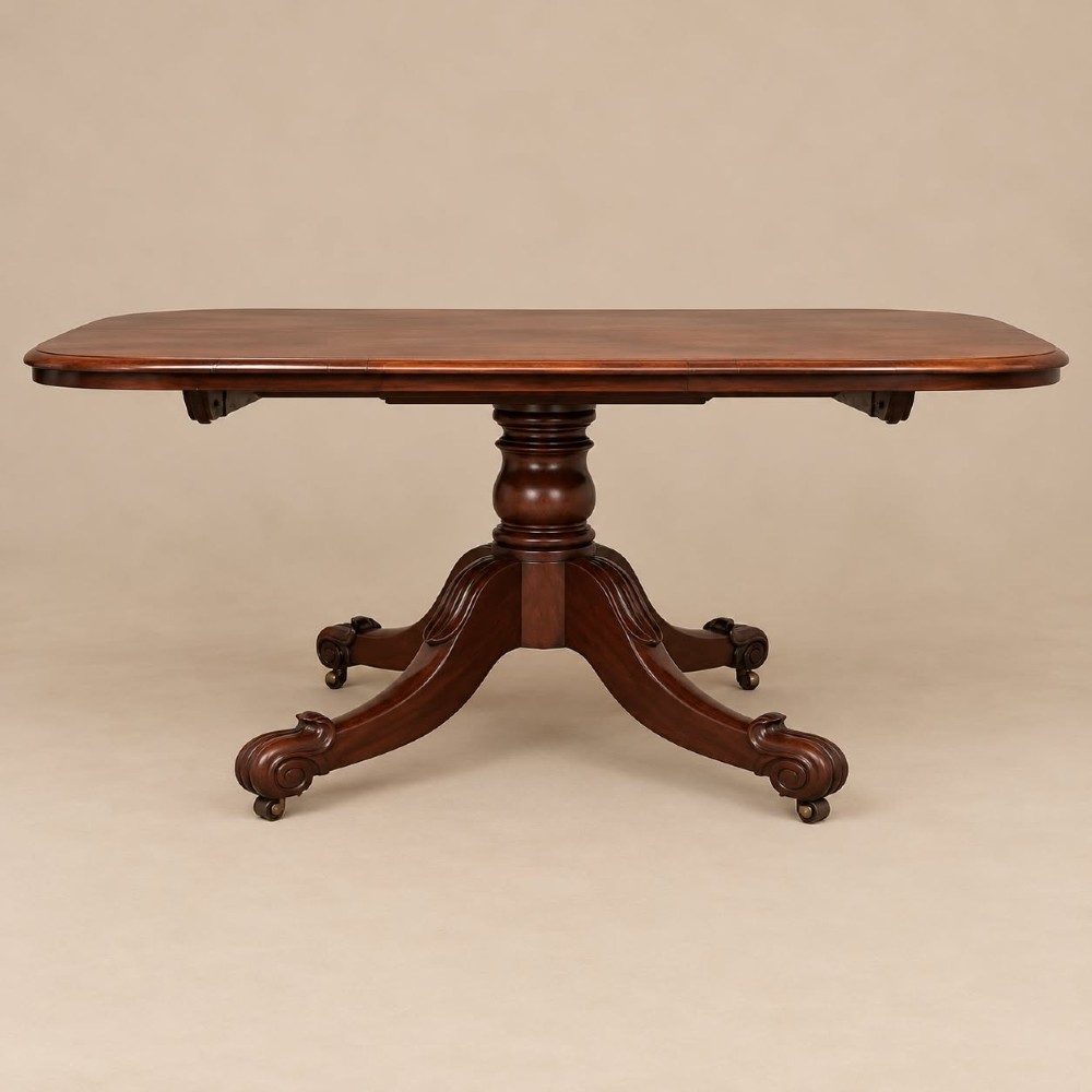 A late Georgian mahogany tilt-top dining table featuring a central turned pedestal and splayed quadform legs with brass castors.