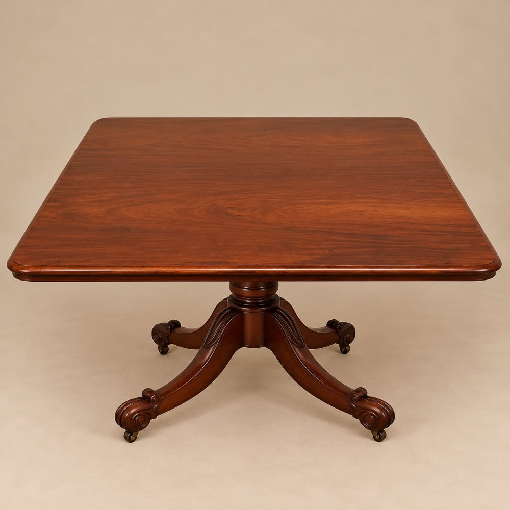 A late Georgian mahogany tilt-top dining table featuring a central turned pedestal and splayed quadform legs with brass castors. View III