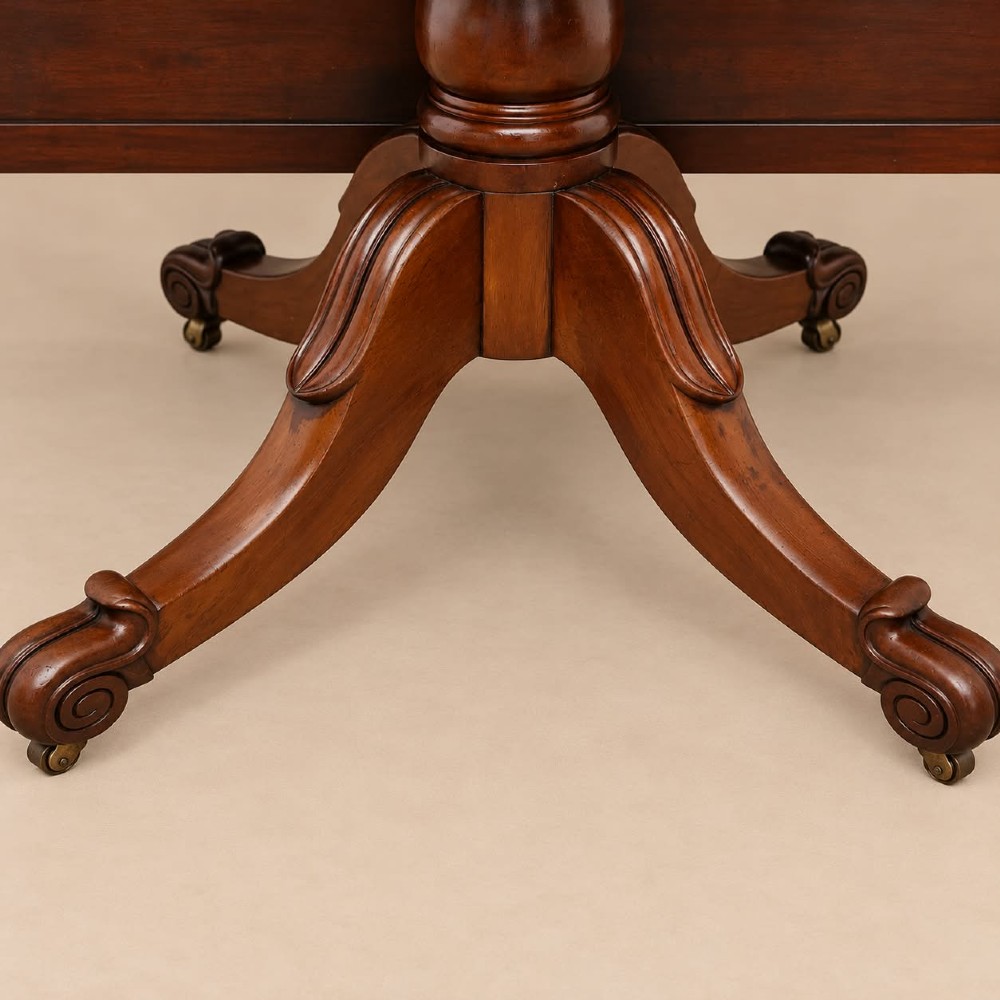 A late Georgian mahogany tilt-top dining table featuring a central turned pedestal and splayed quadform legs with brass castors. View V