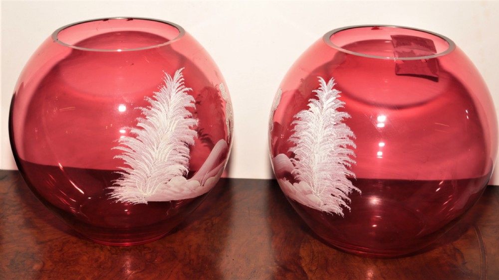 Mary Gregory Cranberry glass bowls. View IV