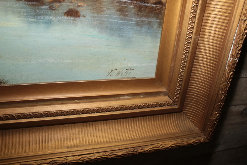 A framed landscape oil painting on canvas depicting Richmond Castle, a stone river bridge, and dense foliage beneath a soft blue sky. View III