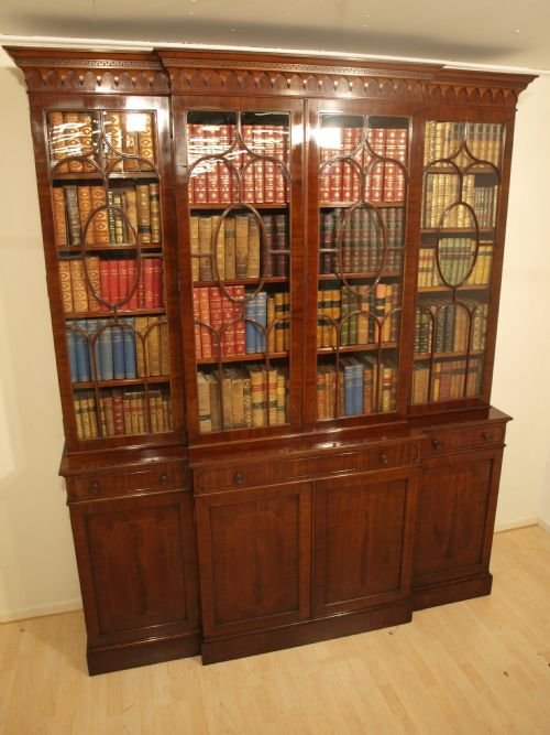 A Stunning Mahogany Edwardian Period Chippendale Revival Breakfront Bookcase