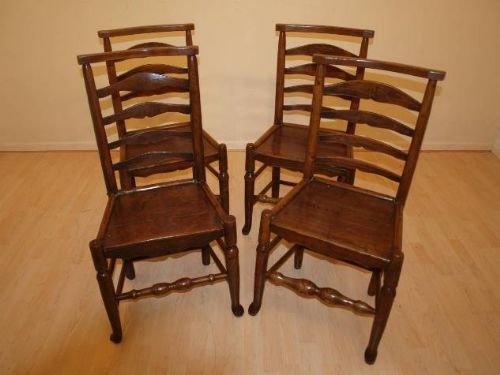 A Good Harlequin Set of 4 Lancashire Ladder Back Chairs