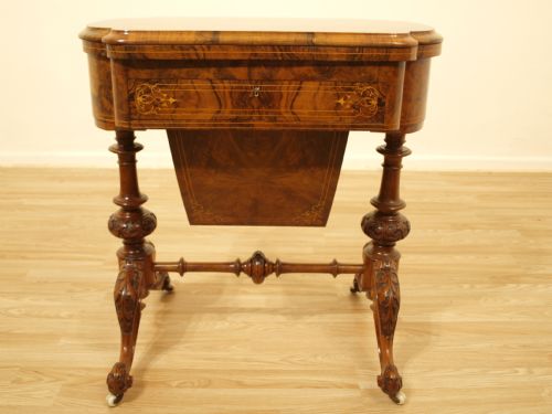 fig 1. A Beautiful Burr Walnut Victorian Games/Sewing Table