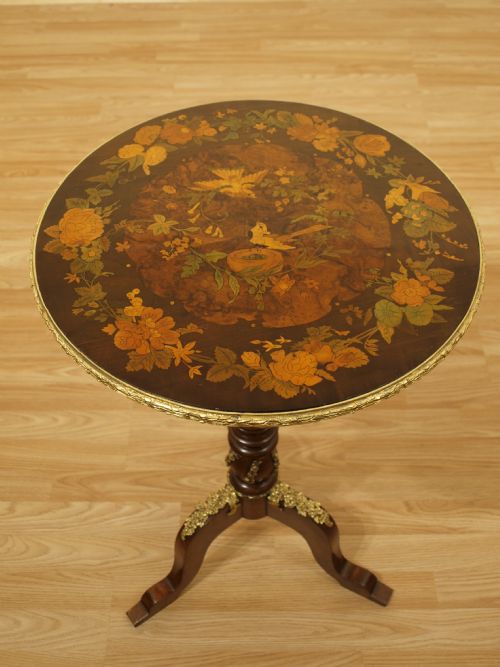 A Victorian Period Ormolu Mounted Marquetry Inlaid Tripod Table