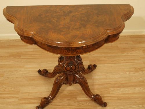 A Burr Walnut Victorian Period Fold Over Card Table