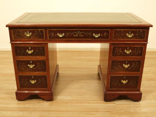 A Beautiful Mahogany Inlaid Edwardian Pedestal Desk