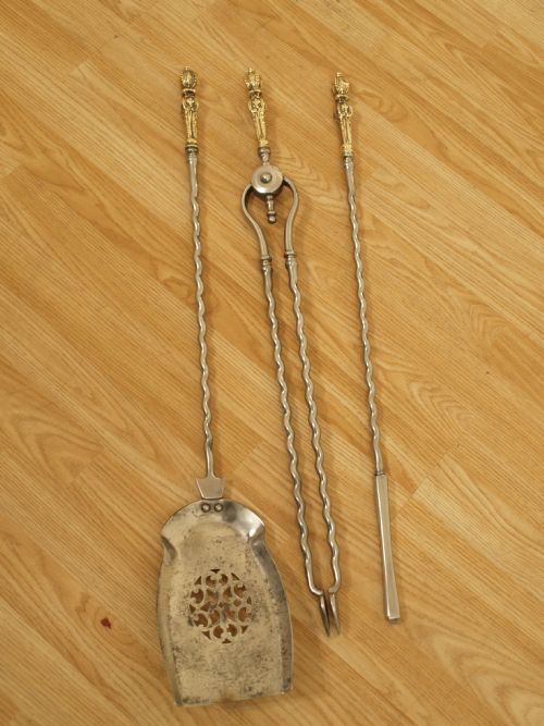 A Good Set of Early Victorian Polished Brass and Steel Fire Irons