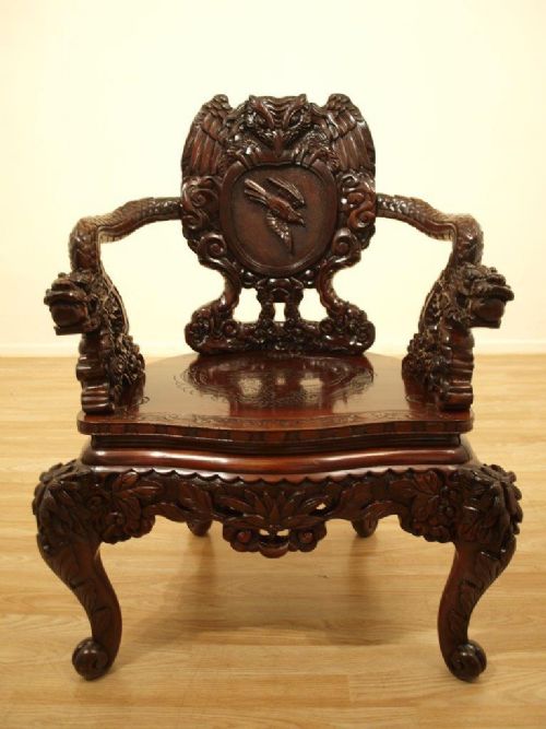 A Chinese/japanese Carved Hardwood Armchair