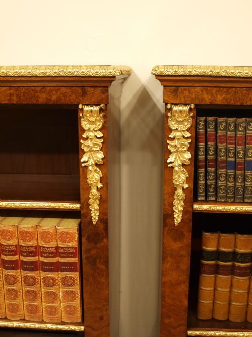 fig 1. A Stunning & Rare Pair Of Burr Walnut Ormolu Mounted Victorian Open Bookcases