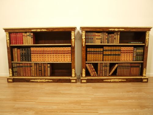 A Stunning & Rare Pair of Burr Walnut Ormolu Mounted Victorian Open Bookcases
