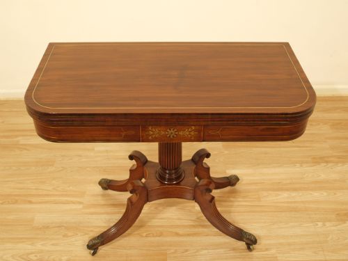 A Mahogany Regency Period Brass Inlaid Fold Over Tea Table