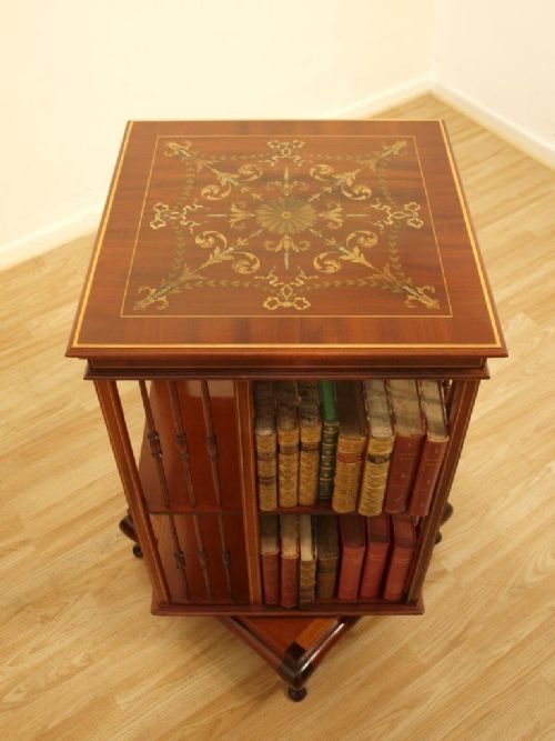 A Beautiful Mahogany Inlaid Late Victorian Revolving Bookcase by James Shoolbred