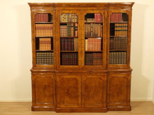 A Stunning Burr Walnut Victorian Period Breakfront Bookcase
