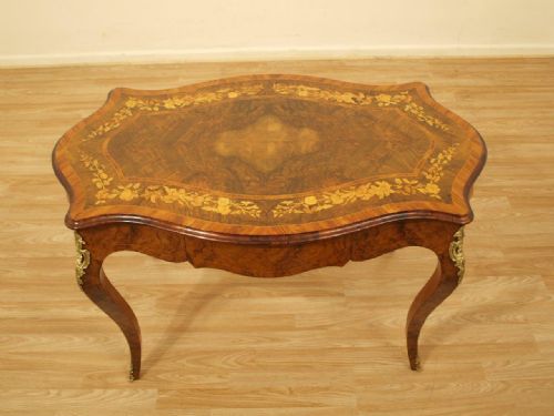 A Walnut & Marquetry Inlaid Victorian Period Antique Centre Table