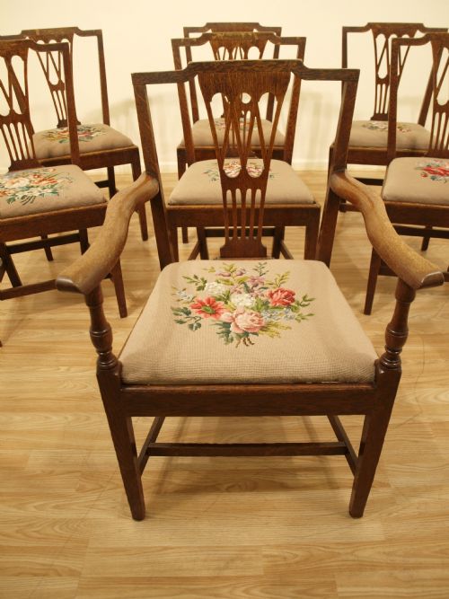 fig 1. A Set Of 7 Oak George III Period Hepplewhite Style Antique Dining Chairs