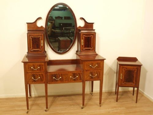 A Mahogany Inlaid Edwardian Period Antique Dressing Table & Bedside Cabinet
