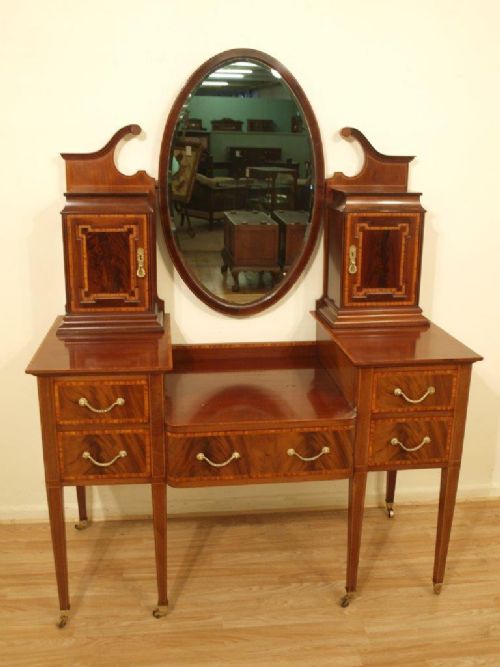 fig 1. A Mahogany Inlaid Edwardian Period Antique Dressing Table & Bedside Cabinet