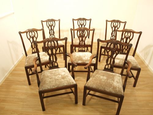 A Good Set of 8 Mahogany Chippendale Revival Edwardian Period Antique Dining Chairs