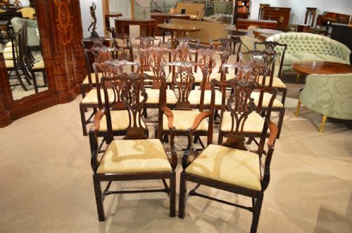 A Good Set of 14 Mahogany Chippendale Revival Antique Dining Chairs