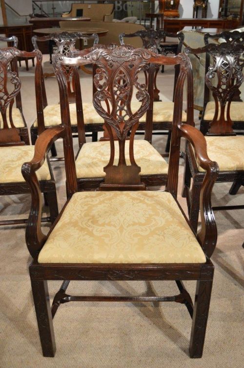 fig 1. A Good Set of 14 Mahogany Chippendale Revival Antique Dining Chairs