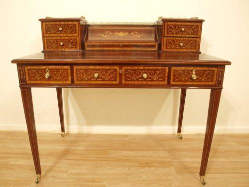 A Superb Quality Mahogany Inlaid Late Victorian Period Antique Writing Table