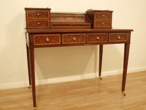 fig 1. A Superb Quality Mahogany Inlaid Late Victorian Period Antique Writing Table
