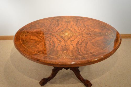 fig 1. A Superb Quality Burr Walnut Inlaid Victorian Period Antique Loo Table