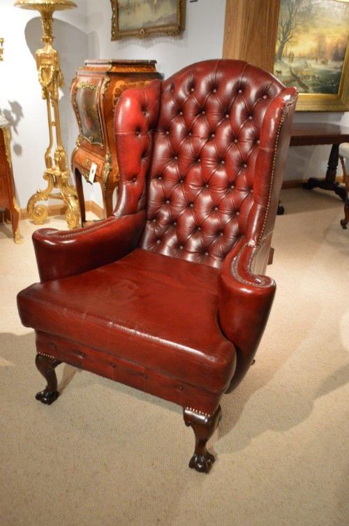 fig 1. A Large Red Leather Georgian Style Gentleman's Wing Armchair