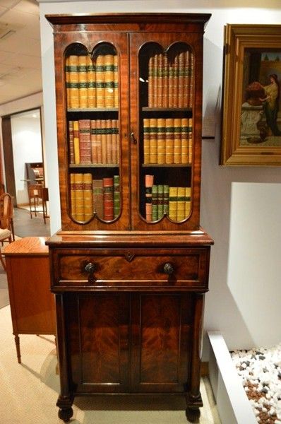 A Flame Mahogany Early Victorian Antique Secretaire Bookcase