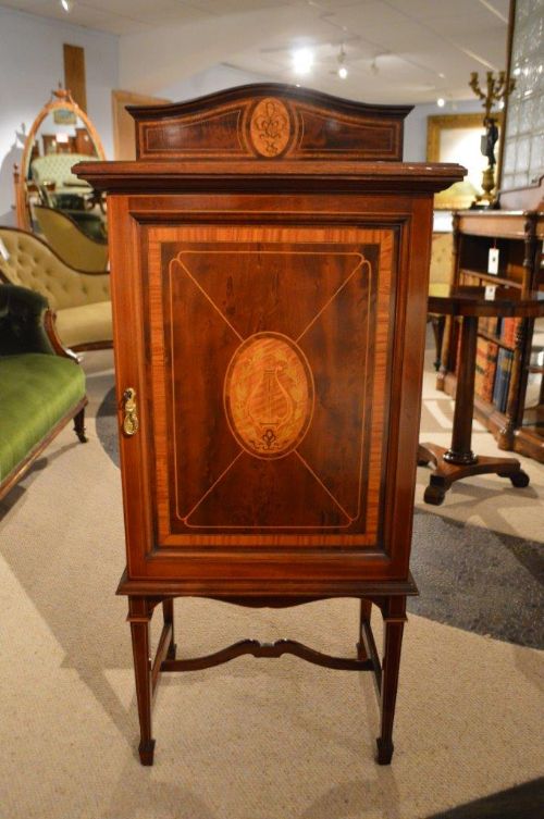 A Beautiful Mahogany Inlaid Edwardian Period Antique Music Cabinet by Shapland & Petter of Barnstaple