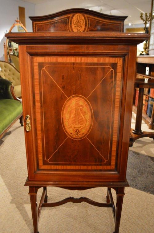 fig 1. A Beautiful Mahogany Inlaid Edwardian Period Antique Music Cabinet By Shapland & Petter Of Barnstaple