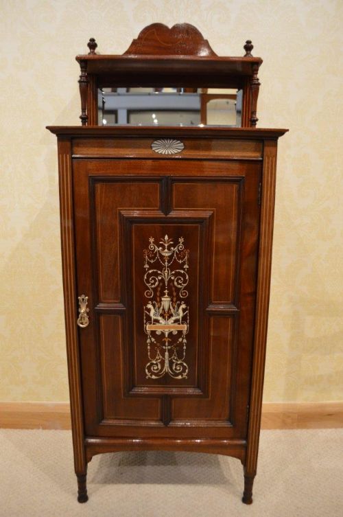A Beautiful Mahogany & Ivory Inlaid Late Victorian Antique Music Cabinet