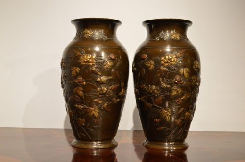A Rare Pair of Japanese Bronze On-laid Vases