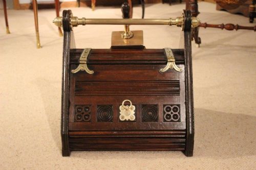 fig 1. A Rare Oak & Brass Mounted Aesthetic Period Antique Coal Box