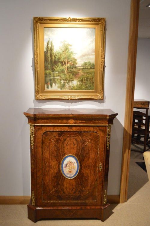 A Fine Quality Burr Walnut & Marquetry Inlaid Victorian Period Antique Pier Cabinet