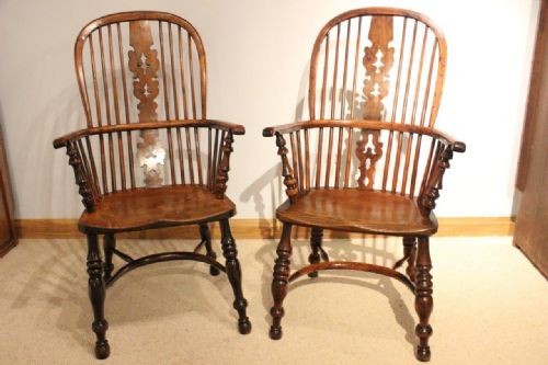 A Near Pair of Yew Wood Mid 19th Century High Back Windsor Chairs
