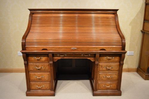 A Good & Rare Walnut Late Victorian Roll Top Desk by Shannon Ltd