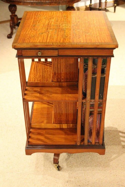 fig 1. A Satinwood Inlaid Late Victorian Period Antique Revolving Bookcase