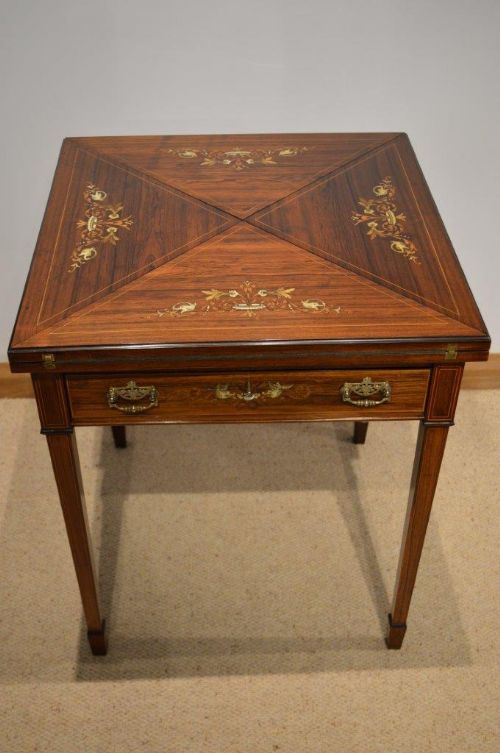 A Beautiful Rosewood & Marquetry Inlaid Late Victorian Period Envelope Card/games Table