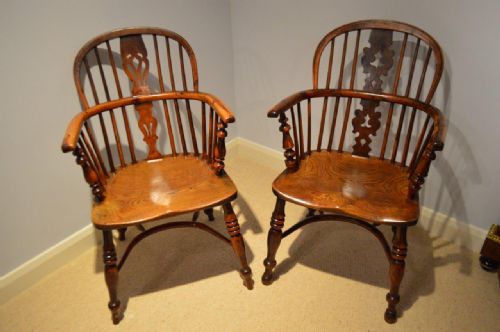 A Near Pair of Yew Wood Mid 19th Century Windsor Arm Chairs