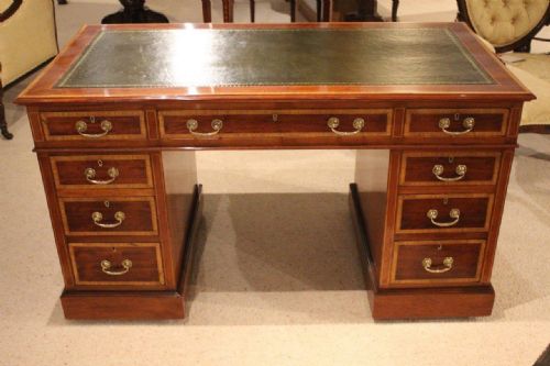 A Superb Quality Mahogany & Satinwood Inlaid Edwardian Period Pedestal Desk