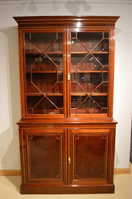 fig 1. A Stunning Quality Mahogany Inlaid Edwardian Period Bookcase By Maple & Co