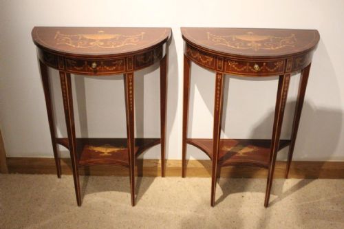 A Fine & Rare Pair of Sheraton Revival Mahogany Inlaid Demi Lune Tables