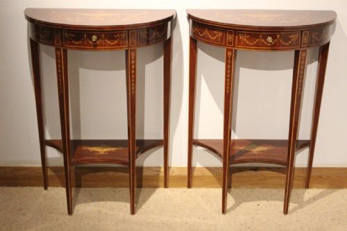 fig 1. A Fine & Rare Pair Of Sheraton Revival Mahogany Inlaid Demi Lune Tables