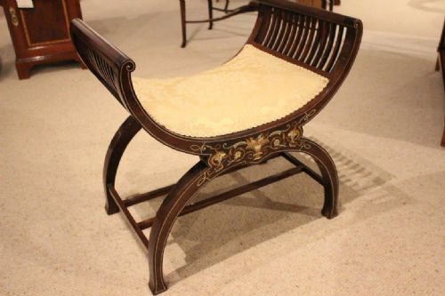 A Mahogany & Marquetry Inlaid Late Victorian Period X Framed Stool