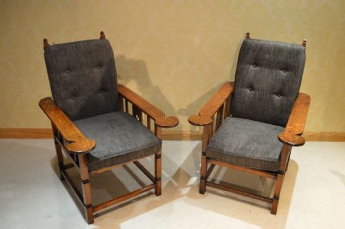 fig 1. A Good Pair Of Oak Arts & Crafts Period Reclining Armchairs
