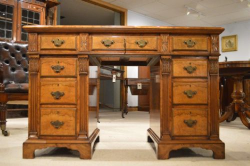 A Beautiful Burr Walnut Late Victorian Period Antique Pedestal Desk
