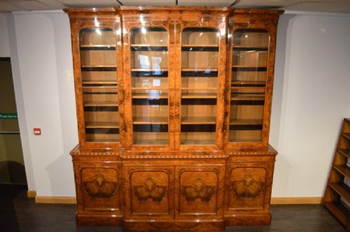 fig 1. A Stunning Quality Burr Walnut Victorian Period Breakfront Bookcase
