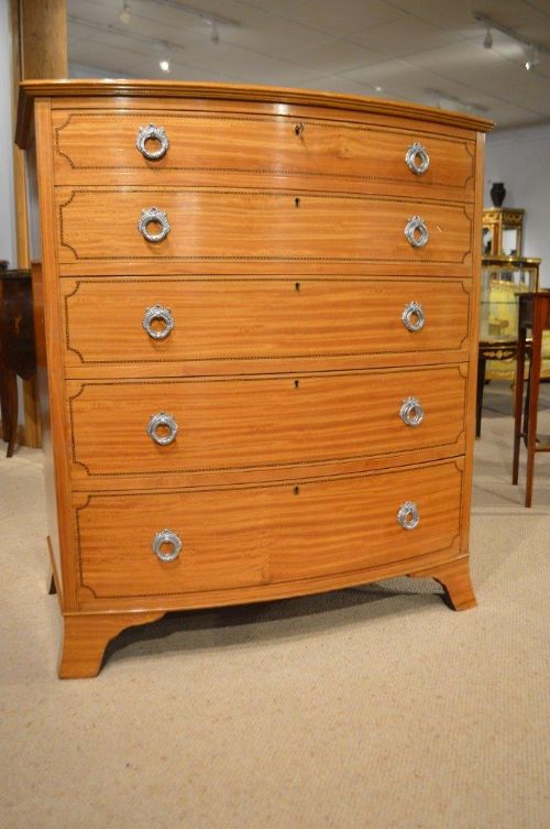 A Superb Quality Satinwood Edwardian Period Bow Front Antique Chest of Drawers